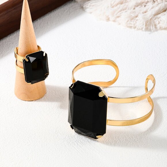 3/$35 Jewelry Set Bangle Bracelet and Ring Gold Black Gemstone Crystal Chunky - Picture 6 of 8